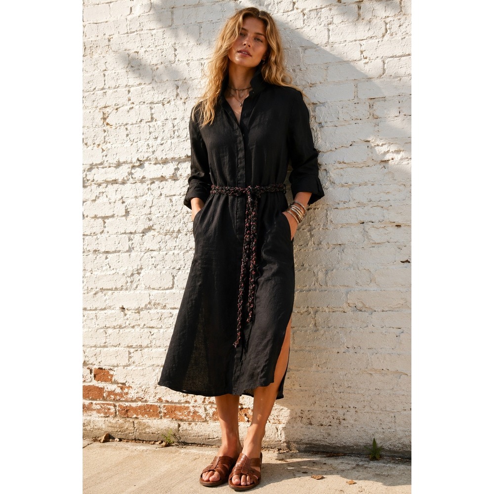 Saks Fifth Avenue Black Linen Shirt Dress Braided Belt Midi Medium